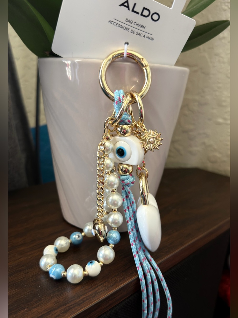 ALDO Gold, Sky Blue & White Beaded Tassel Keychain
